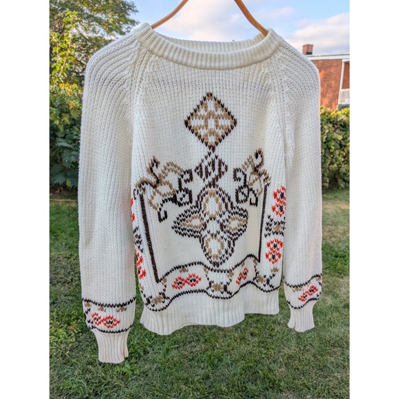 Vintage Lawrence Knitwear Sweater Ivory Aztec Diamond Pattern Acrylic Womens - Picture 1 of 7